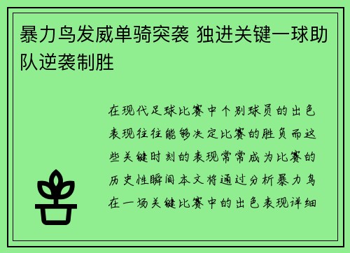 暴力鸟发威单骑突袭 独进关键一球助队逆袭制胜