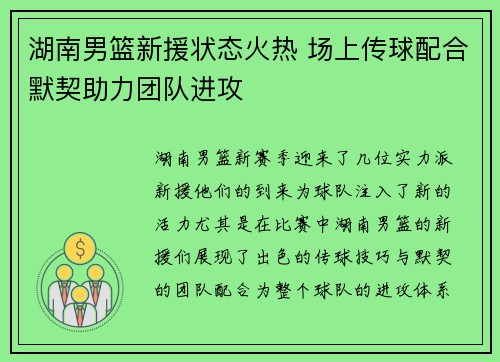 湖南男篮新援状态火热 场上传球配合默契助力团队进攻