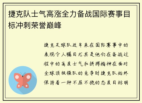 捷克队士气高涨全力备战国际赛事目标冲刺荣誉巅峰