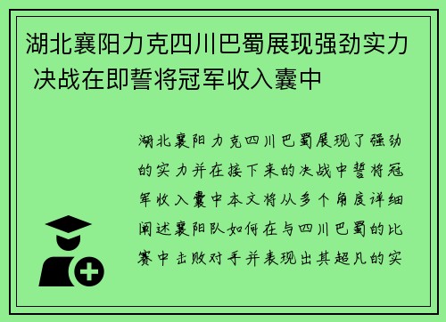 湖北襄阳力克四川巴蜀展现强劲实力 决战在即誓将冠军收入囊中