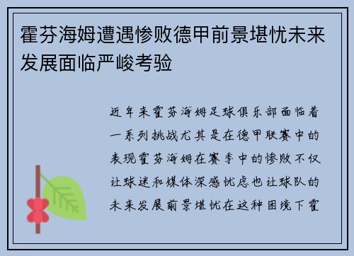 霍芬海姆遭遇惨败德甲前景堪忧未来发展面临严峻考验