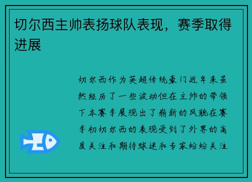 切尔西主帅表扬球队表现，赛季取得进展